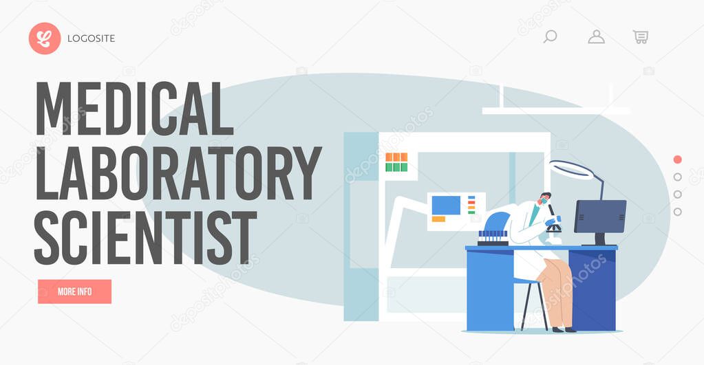 Medical Laboratory Scientist Landing Page Template. Character Working in Chemistry Lab Looking in Electronic Microscope