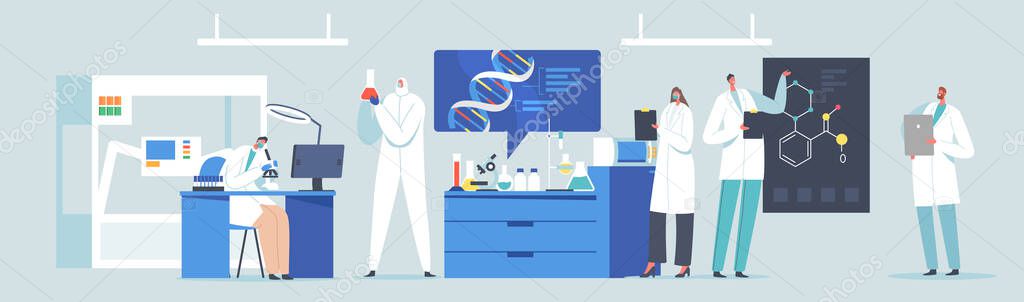 Scientific Laboratory Research or Experiment Process. Scientists Characters Working with Dna, Looking through Microscope