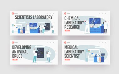 Scientific Laboratory Research Landing Page Template Set. Scientist Characters Working with Dna, Look through Microscope clipart