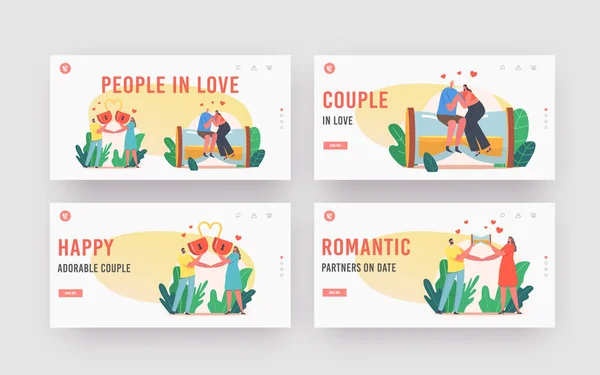 "People in Love Landing Page Template Set". Счастливые семейные отношения, любящие мужские женские персонажи с сердечным замком — стоковый вектор