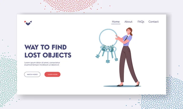 Modo per trovare oggetti persi Landing Page Template. Piccola donna in uniforme portare mazzo enorme di chiavi. Servizio smarrito e trovato — Vettoriale Stock