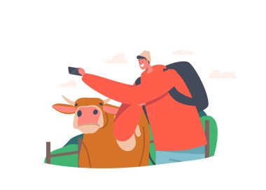 Young Man Making Selfie with Cow. Funny Male Character Traveler or Tourist with Backpack Shooting Portrait of himself clipart