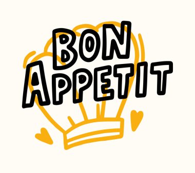 Doodle Chef Toque ve Lettering ile afiyet olsun. Mutfak, Kafe, Restoran Menüsü için Gıda Posteri veya Yazdırma Tasarımı