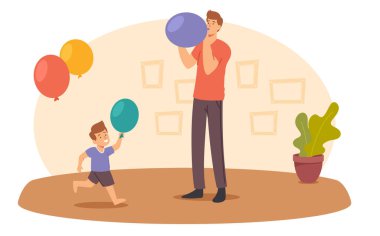 Mutlu Baba ve Oğul Karakterleri Balonları Üflüyor. Doğum günü partisi için Aile Dekorasyon Odası ya da Tatil Etkinliği Kutlaması