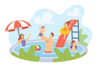 Mutlu Aile Karakterleri Yüzme Havuzu 'nda Dinleniyor. Anne, baba ve çocuklar otelde yüzüyor ve eğleniyor.