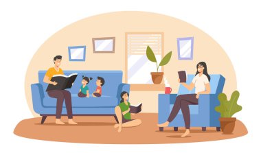 Evde Mutlu Aile Okuması. Baba, Anne ve Çocuklar İlginç Kitaplarla Koltukta Oturuyorlar. Baba Çocuklara Oku