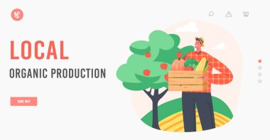 Yerel Organik Üretim İniş Şablonu. Olgun Meyve ve Sebze Toplayan Çiftçi Adam. Bahçıvan Hasat