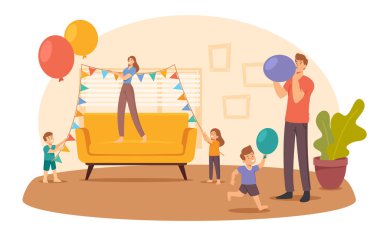 Mutlu Aile Dekorasyonu Sallanan Çelenkler ve Doğum Günü veya Kutlama İçin Üfleme Balonları. Ebeveynler ve Çocuklar