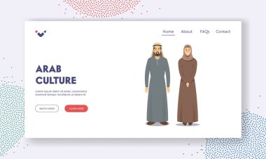 Arap Kültür İniş Sayfa Şablonu. Erkek ve Kadın Arap İnsanlar. Geleneksel Kostüm Giyen Arap Erkek Karakteri