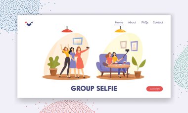 Grup Selfie İniş Sayfa Şablonu. Mutlu Kız Arkadaş Şirketi Akıllı Telefon 'da Eğlenceli Fotoğraflar Çekiyor, Kız Arkadaşları Rahatlayın