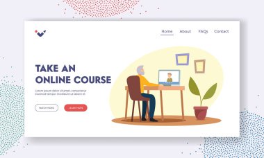 Yaşlanan Adam Çevrimiçi Sınıflar İniş Sayfası Şablonu Al. Kıdemli Erkek Karakter Masada Dizüstü bilgisayarla İnternet üzerinden Sohbet