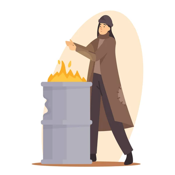 Donna triste Mano di riscaldamento del mendicante in fiamme che brucia in barile di metallo, personaggio femminile che indossa abiti stracciati che vivono in strada — Vettoriale Stock