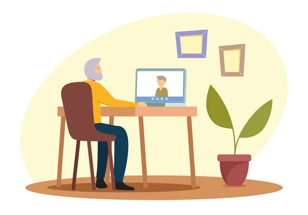 Adultos mayores Hobby Concept. Hombre de pelo gris mayor sentado en el escritorio con el ordenador portátil charlando con los familiares a través de Internet — Archivo Imágenes Vectoriales