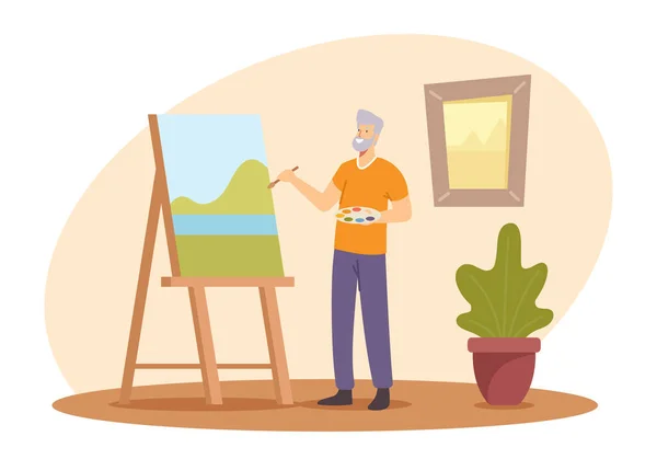 Ηλικιωμένοι Χόμπι, Senior Man Artist Δημιουργική Επάγγελμα, Old Male Ζωγράφος Hold Paintbrush στο χέρι μπροστά από Canvas — Διανυσματικό Αρχείο