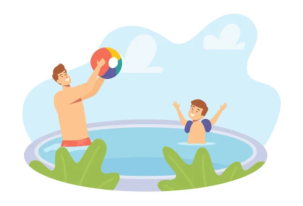 Father and Little Son Playing in Swimming Pool Splashing and Throwing Beach Ball. Happy Family Characters on Vacation — Stock Vector