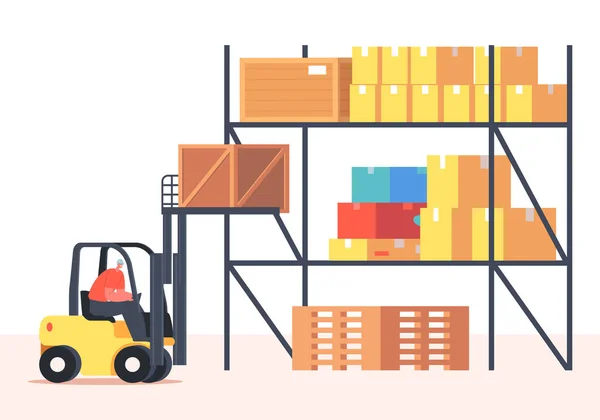 Werknemer Lifting Cargo op heftruck Machine in het pakhuis. Vrachtvaart en logistiek. Personages van werknemers in uniform — Stockvector