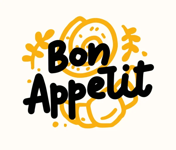 Bon Appetit Food Poster com Doodle Croissant e Cinnabon Bun. Impressão de letras para decoração de cozinha, café, cafetaria — Vetor de Stock