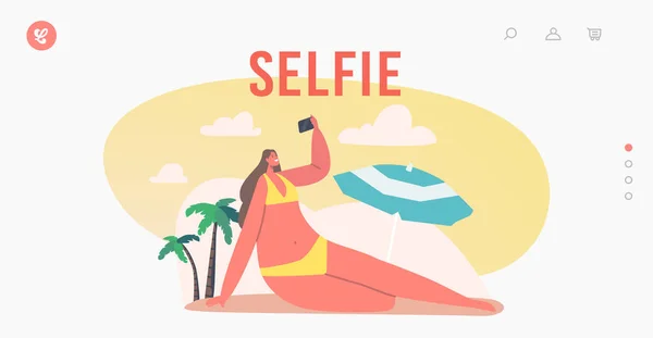 Mulher jovem levando Selfie em Smartphone no Sea Beach Landing Page Template. Personagem feminina feliz atirar férias Relaxe — Vetor de Stock