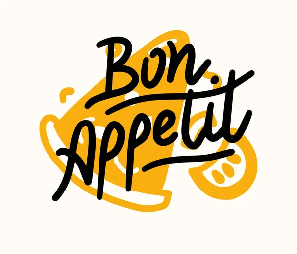 Bon Appetit Creative Lettering med pizzabit. Mataffisch, tryck med handritade element. Café Restaurang Dekoration — Stock vektor