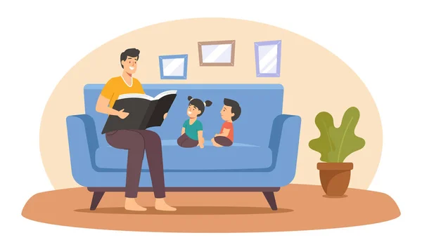 Отец читает книги детям, счастливые семейные персонажи проводят время вместе дома, родители читают детям, свободное время — стоковый вектор