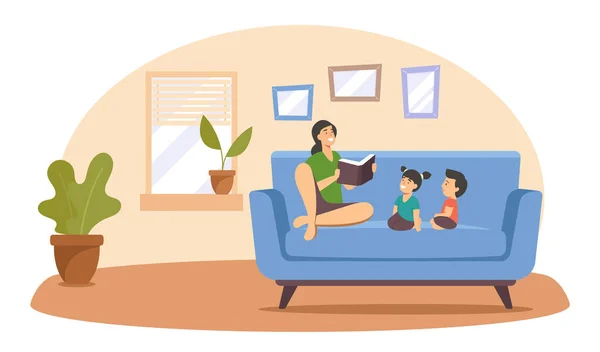 Mother Reading Book to Kids, Happy Family Sparetime, Relax, Spend Time Together at Home, Parent Read to Children — Stock Vector