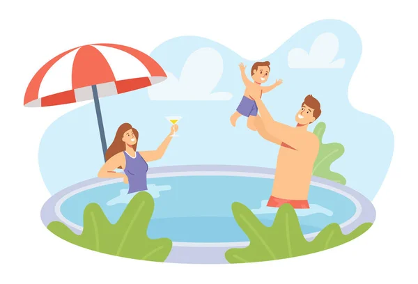 Felices fiestas familiares. Padres jóvenes y pequeños personajes jugando en la piscina. Padre salpicando con hijo — Vector de stock