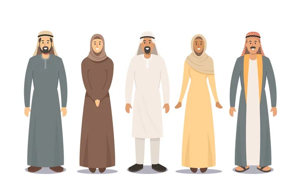 Persone arabe Personaggi maschili e femminili. Gli uomini sauditi indossano Thawb o Kandura, le donne in Hijab o Abaya vestiti tradizionali — Vettoriale Stock