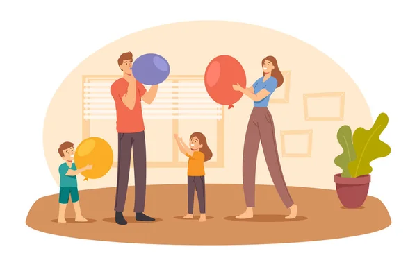 Ευτυχισμένοι οικογενειακοί χαρακτήρες γονείς και μικρά παιδιά φυσούν μπαλόνια για διακόσμηση δωματίου. Γενέθλια ή εορτασμός διακοπών — Διανυσματικό Αρχείο