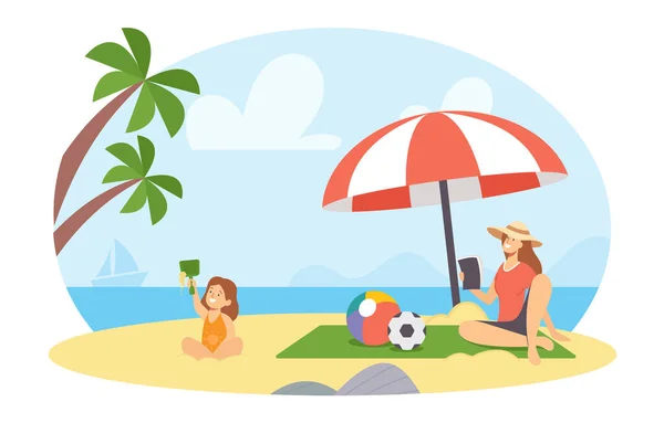 Feliz familia mamá e hija en Summer Beach. Lectura de la madre, Girl Building Castillo de arena y jugar en la playa — Vector de stock