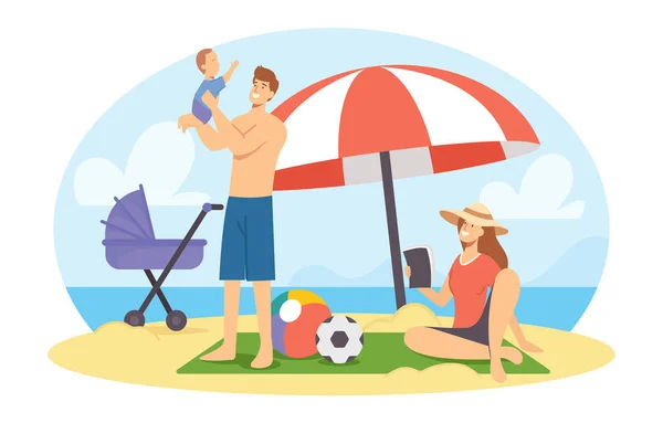 Familia feliz en la playa del mar en vacaciones de verano. Personajes de la madre, el padre y el bebé Relajándose en la playa, en horario de verano — Vector de stock