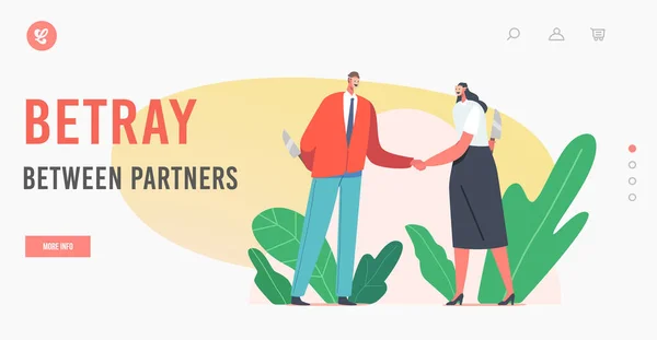 Betray between Partners Landing Page Template. Masked Characters Shaking Hand and Smile to Each Other while Hiding Knife — Stock Vector