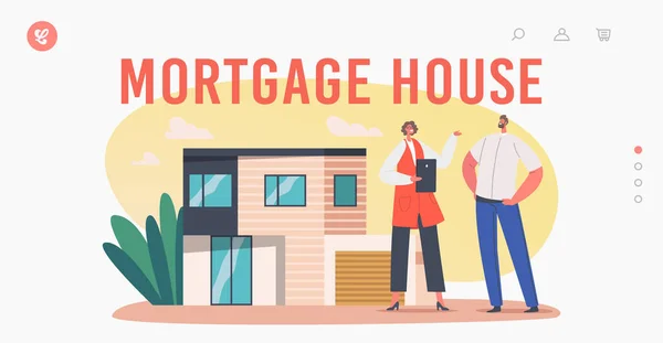 Homem Cliente Escolha Casa para Mortgage Landing Page Template. Imobiliário. Realtor vendendo casa para personagem masculino — Vetor de Stock