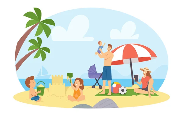 Happy Family Characters on Summer Beach. Mother, Father, Daughter and Son Building Sand Castle and Playing at Seaside — Stock Vector