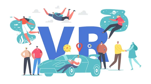 Karakter Gunakan Vr Glasses. People Driving Car, Parachuting, Space and Ocean Travel, Dating Virtual and Augmented Reality (dalam bahasa Inggris) - Stok Vektor