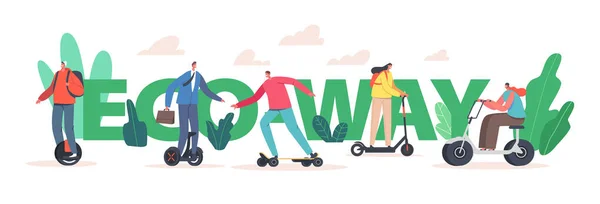 Eco Way Konzept. Charaktere Reiten Elektroroller, Hoverboard und Monowheel, Skateboard umweltfreundliche Fortbewegung — Stockvektor