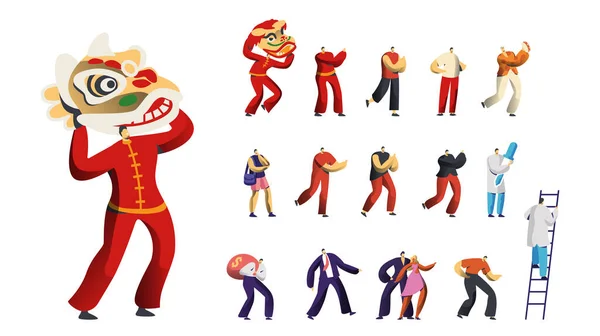 Conjunto de personajes masculinos, León bailador chino tradicional, Hombres jugando pandereta, Médico o enfermera con pipeta — Archivo Imágenes Vectoriales