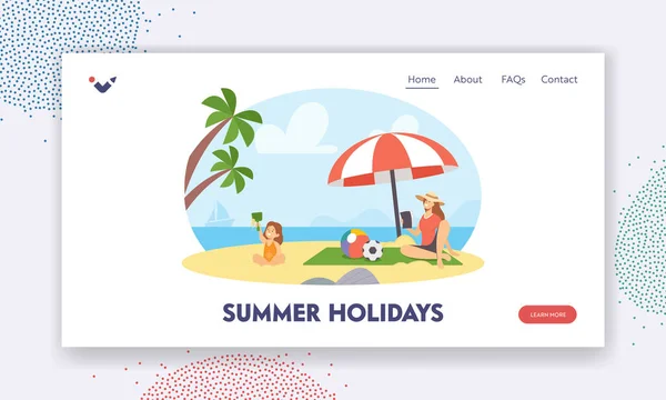 Plantilla de Landing Page de vacaciones de verano. Felices Personajes Familiares Vacaciones, Mamá e Hija en la Playa, Jugando en la Playa — Archivo Imágenes Vectoriales