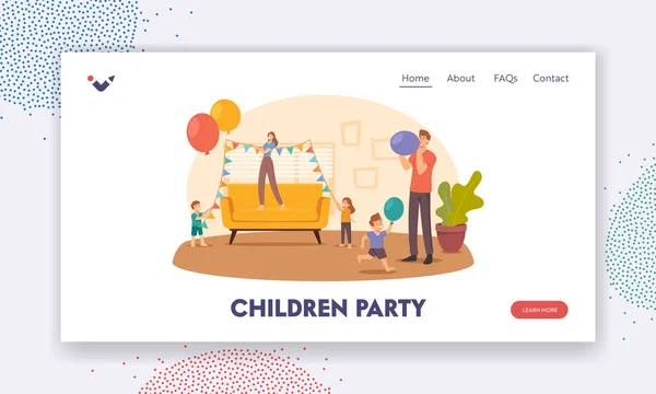 Gyerek Party Landing Page Sablon. Happy Family Díszíteni szoba akasztófa koszorúk és fújja léggömbök ünneplés — Stock Vector