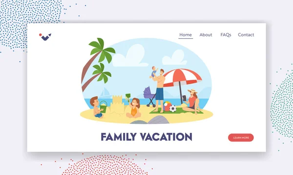 Plantilla de Landing Page para vacaciones familiares. Personajes felices en Summer Beach. Madre, Padre, Hija e Hijo Jugando en el Mar — Vector de stock