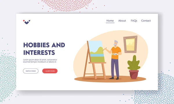 Pessoas Idosas Hobby e Interesses Landing Page Template. Artista Sênior Pintura Criativa Ocupação, Pintor Masculino Velho —  Vetores de Stock