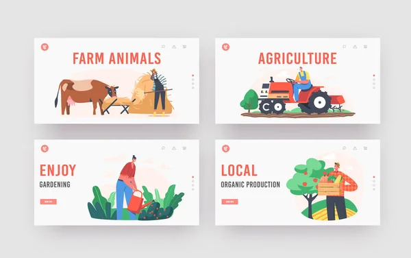Agricultores Fazendo Agricultura Trabalho Landing Page Template Set. Pessoas Alimentam Vaca e Galinha, Cuidados de Animais Domésticos em Pecuária — Vetor de Stock