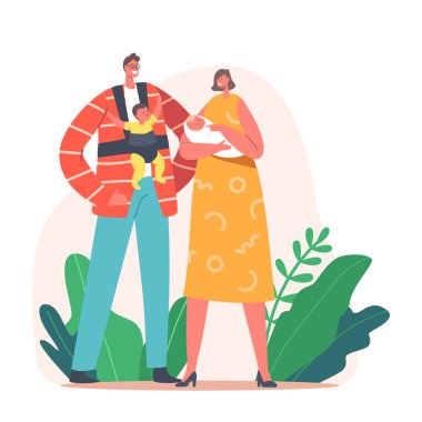 Ebeveynlik, Anne ve Baba Sevgisi kavramı. Anne ve Baba ve Küçük Çocuklar ve Hippi Koltuğu. Genç Aile Karakterleri