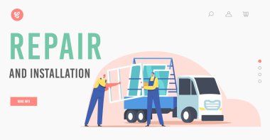 Onarım ve Yükleme İniş Şablonu. Pvc Pencerelerini Cam Taşımacılık Rafıyla Kamyona Yükleyen İşçiler