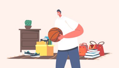 Garaj satışında basketbol topu alan adam. Erkek Karakteri Bit Pazarı 'nı Ziyaret Et Satın Almak İçin Klasik Şeyleri Seç. İkinci El