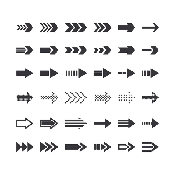 Set monochromer Richtungspfeile. Symbole in die richtige Richtung, Grafische Elemente für die Website-Navigation im nächsten Schritt — Stockvektor