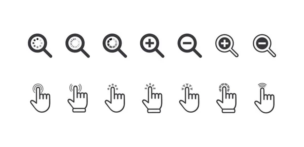 Conjunto de punteros de cursor de iconos, haga clic en Símbolos de zoom de dedo y lupa. Elementos gráficos para el Pictograma de Navegación del Sitio Web — Archivo Imágenes Vectoriales