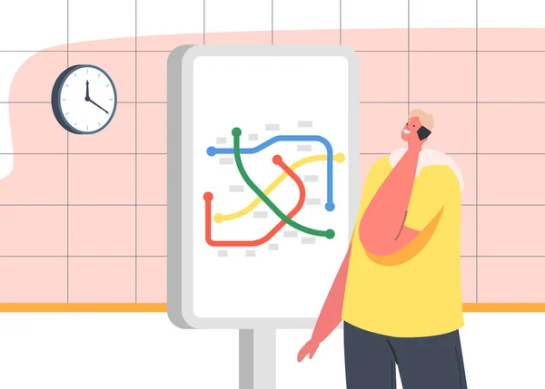 Man Karakter Spreken door Smartphone Stand op Metro Map in metrostation. Man op ondergronds perron wachtende trein — Stockvector