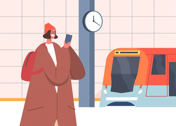 Passeggera al tunnel per pendolari di Public City. Personaggio femminile sorridente Parlando con Smartphone Stand alla stazione della metropolitana — Vettoriale Stock