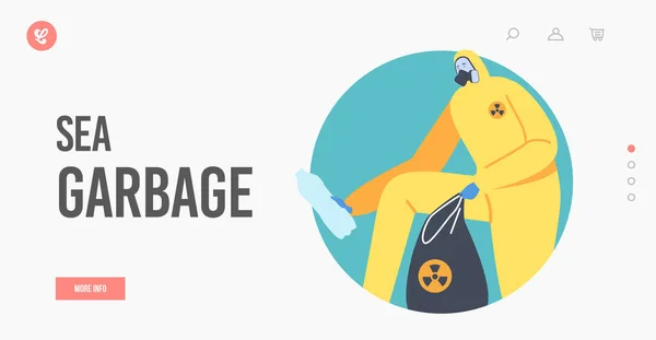 Sea Garbage Landing Page Template. Ocean Oil Pollution, personaggio in tuta protettiva e maschera con sacco di rifiuti tossici — Vettoriale Stock