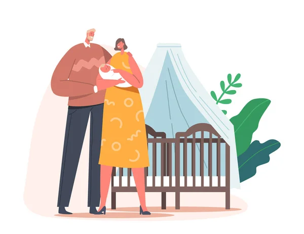 Paar junger Eltern hält Neugeborenes auf Händen in Bettnähe mit Baldachin, Vater und Mutter kümmern sich um Kind, Mutterschaft — Stockvektor